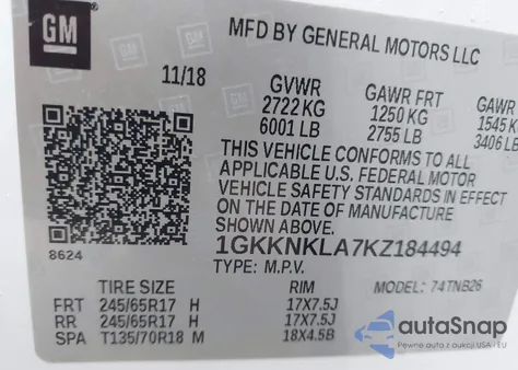 2019 GMC Acadia Sle-1 from USA, damaged, VIN 1GKKNKLA7KZ184494